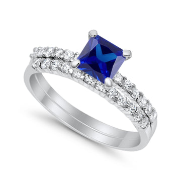 Wedding Ring Bridal Princess Cut Simulated Blue Sapphire CZ 925 Sterling Silver